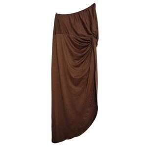 Brown Asymmetrical Midi Dress with Ruched Detail, One Shoulder, Size XL